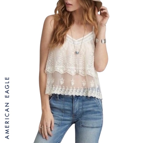 ❌SOLD❌ AEO Cami Tank Top Tiered Mesh Lace Embroidered Festival Off White Cream M - Picture 4 of 17